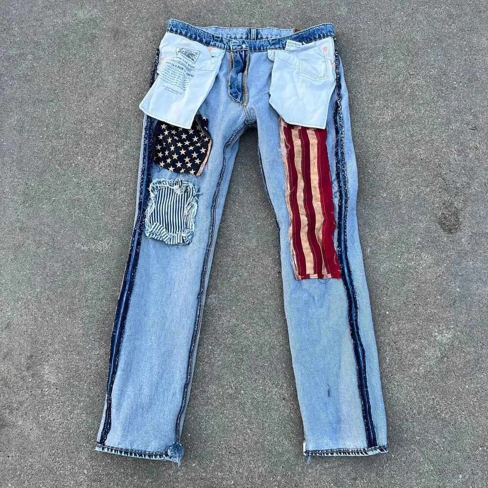 Levi's 511 Slim Fit Premium Jeans American Flag Patch Distressed Peekaboo 36x34